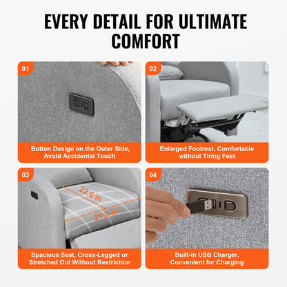 Electronic Power Recliner and Swivel Glider, 113.4kg Weight Capacity Swivel Glider Recliner with Adjustable Angle, Polyester Surface Recliner Rocker for Living Room, Bedroom, Light Gray
