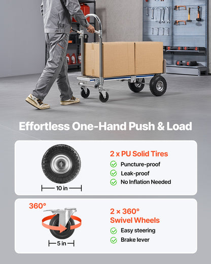 2 in 1 Hand Truck, 1000 lbs Load Capacity for 4-Wheel Mode, Convertible Hand Truck Dolly with Non-Slip Handle & Wheels, Portable Trolley Dolly for Moving Home, Office, Warehouse, Supermarket