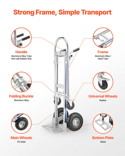 2 in 1 Hand Truck, 1000 lbs Load Capacity for 4-Wheel Mode, Convertible Hand Truck Dolly with Non-Slip Handle & Wheels, Portable Trolley Dolly for Moving Home, Office, Warehouse, Supermarket