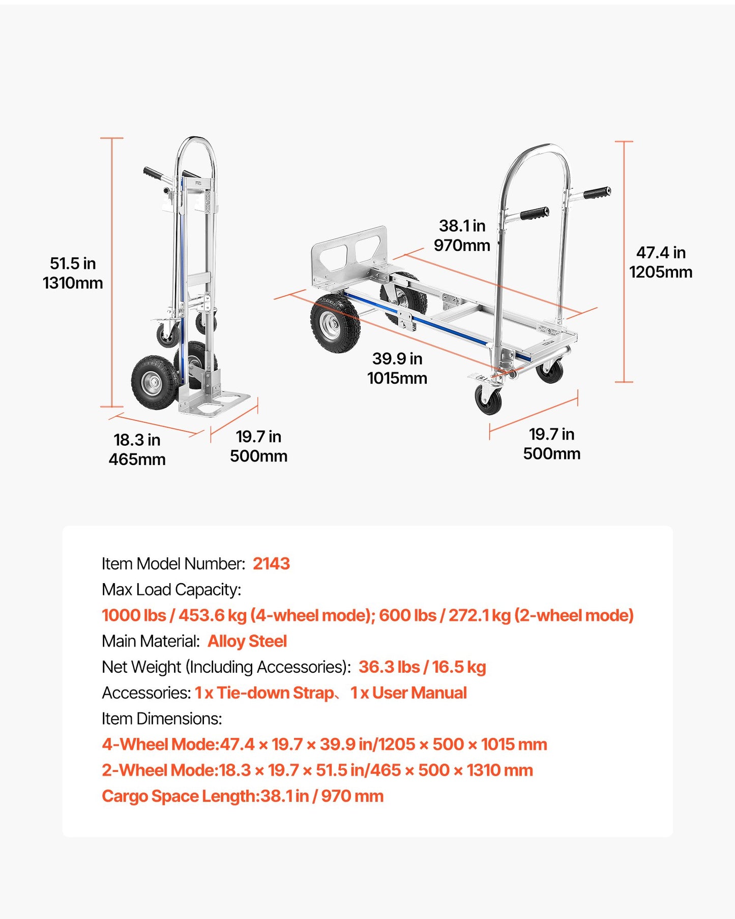 2 in 1 Hand Truck, 1000 lbs Load Capacity for 4-Wheel Mode, Convertible Hand Truck Dolly with Non-Slip Handle & Wheels, Portable Trolley Dolly for Moving Home, Office, Warehouse, Supermarket