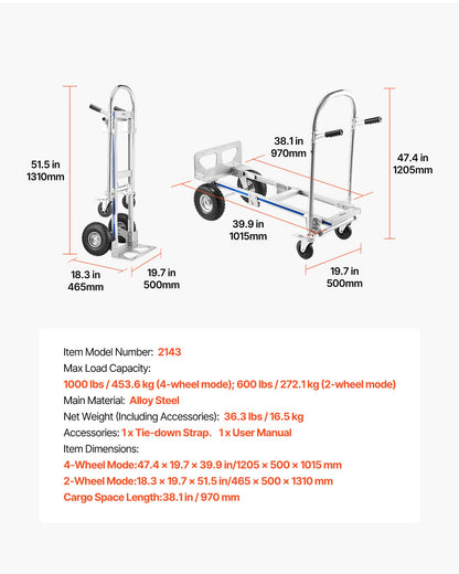 2 in 1 Hand Truck, 1000 lbs Load Capacity for 4-Wheel Mode, Convertible Hand Truck Dolly with Non-Slip Handle & Wheels, Portable Trolley Dolly for Moving Home, Office, Warehouse, Supermarket