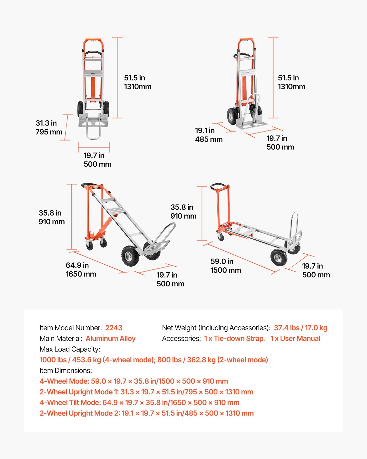 4 in 1 Hand Truck, 1000 lbs Load Capacity for 4-Wheel Mode, Convertible Hand Truck Dolly with Non-Slip Handle & Wheels, Aluminum Alloy Portable Trolley Dolly for Moving Home, Office, Warehouse