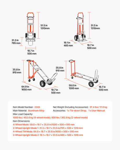 4 in 1 Hand Truck, 1000 lbs Load Capacity for 4-Wheel Mode, Convertible Hand Truck Dolly with Non-Slip Handle & Wheels, Aluminum Alloy Portable Trolley Dolly for Moving Home, Office, Warehouse