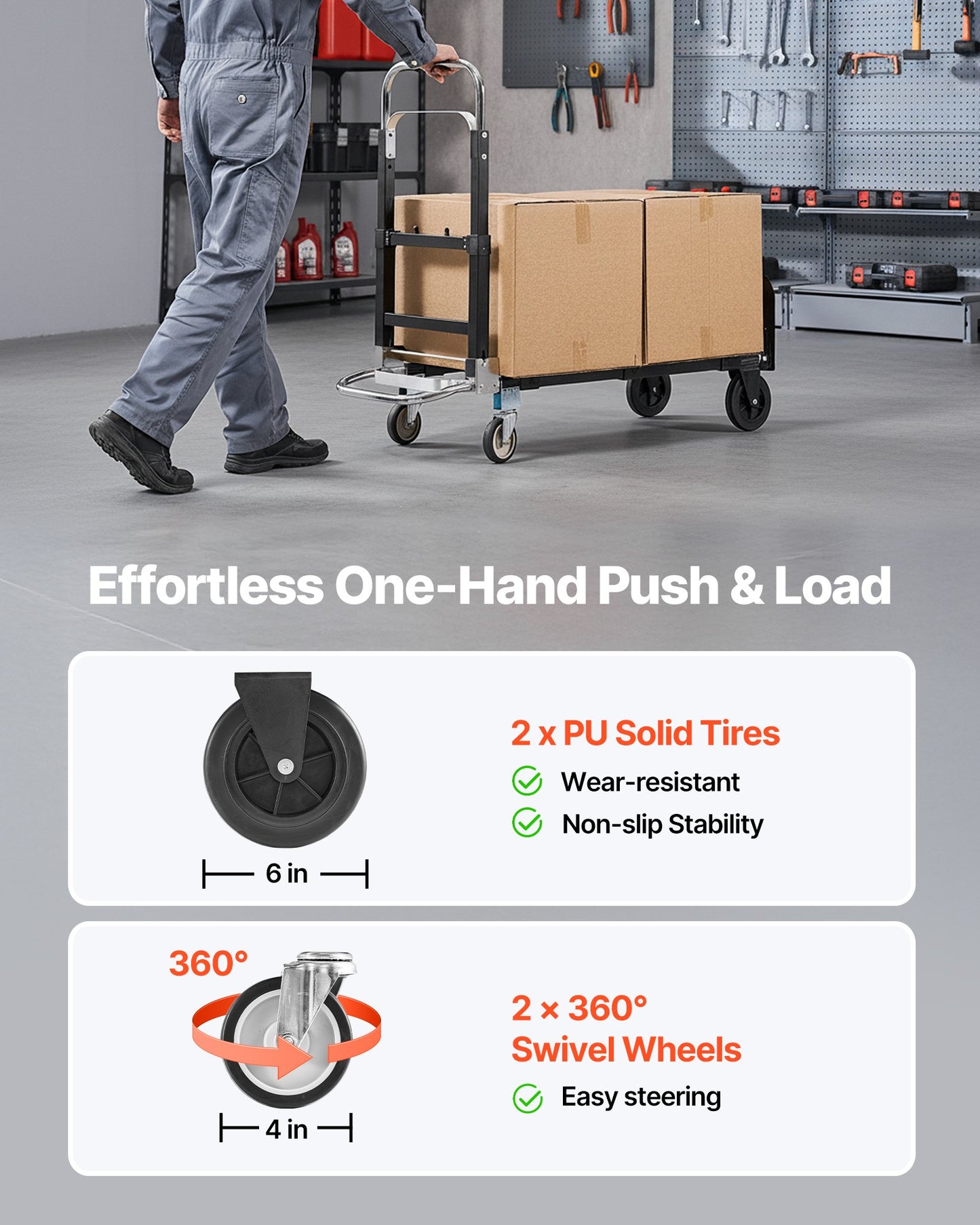 2 in 1 Folding Hand Truck, 500 lbs Load Capacity for 4-Wheel Mode, Convertible Hand Truck Dolly with Wheels & Adjustable Handle, Portable Trolley Dolly for Moving Home, Office, Warehouse