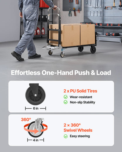 2 in 1 Folding Hand Truck, 500 lbs Load Capacity for 4-Wheel Mode, Convertible Hand Truck Dolly with Wheels & Adjustable Handle, Portable Trolley Dolly for Moving Home, Office, Warehouse