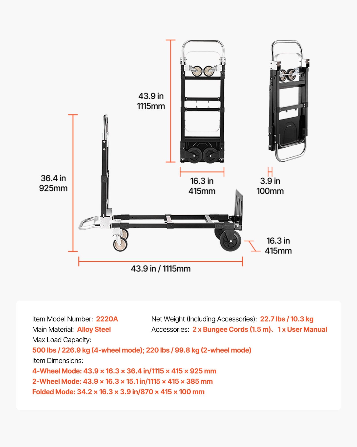 2 in 1 Folding Hand Truck, 500 lbs Load Capacity for 4-Wheel Mode, Convertible Hand Truck Dolly with Wheels & Adjustable Handle, Portable Trolley Dolly for Moving Home, Office, Warehouse