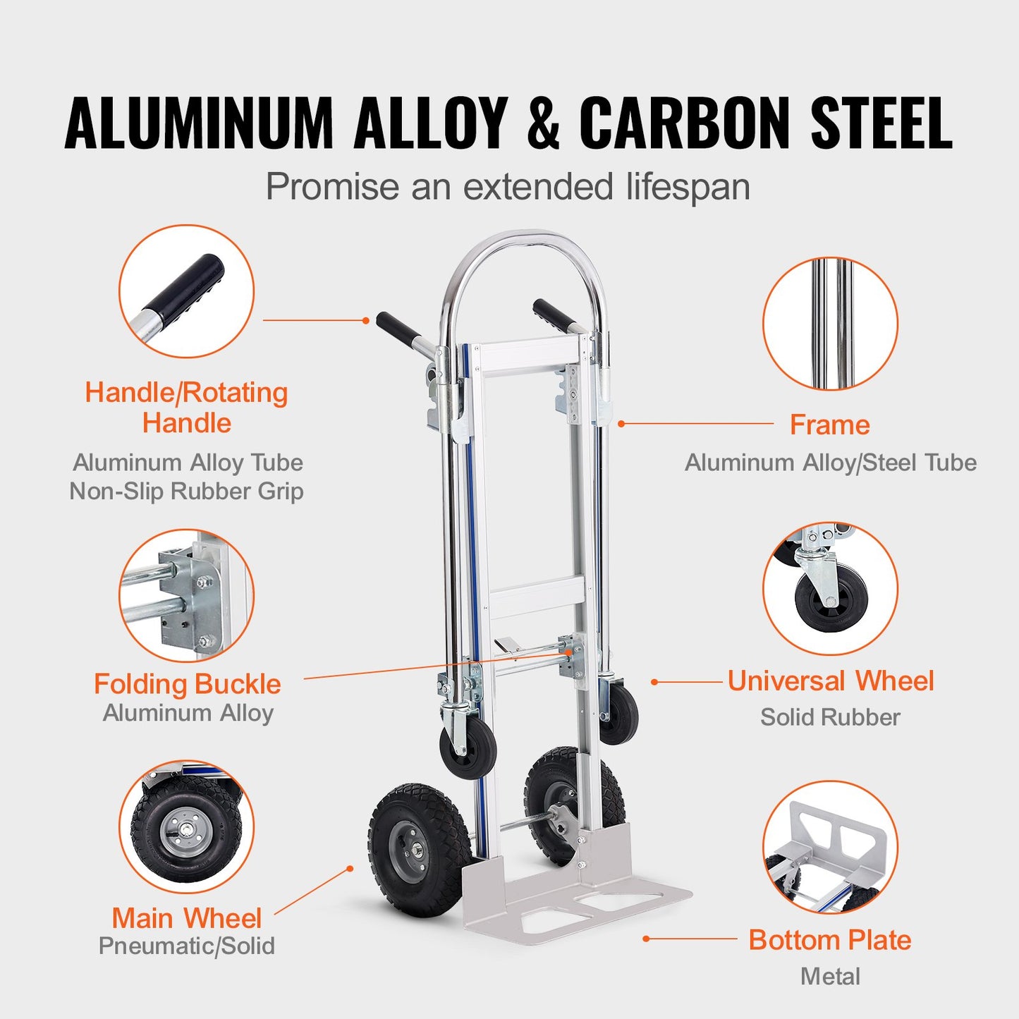 Aluminum Hand Truck, 2 in 1, 800 lbs Load Capacity, Heavy Duty Industrial Convertible Folding Hand Truck and Dolly, Utility Cart Converts from Hand Truck to Platform Cart with Rubber Wheels