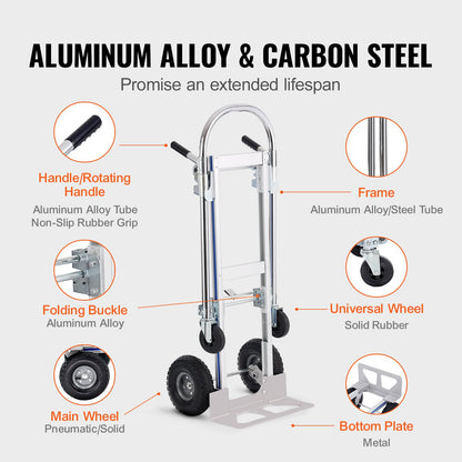 Aluminum Hand Truck, 2 in 1, 800 lbs Load Capacity, Heavy Duty Industrial Convertible Folding Hand Truck and Dolly, Utility Cart Converts from Hand Truck to Platform Cart with Rubber Wheels