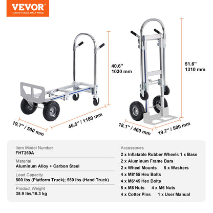 Aluminum Hand Truck, 2 in 1, 800 lbs Load Capacity, Heavy Duty Industrial Convertible Folding Hand Truck and Dolly, Utility Cart Converts from Hand Truck to Platform Cart with Rubber Wheels