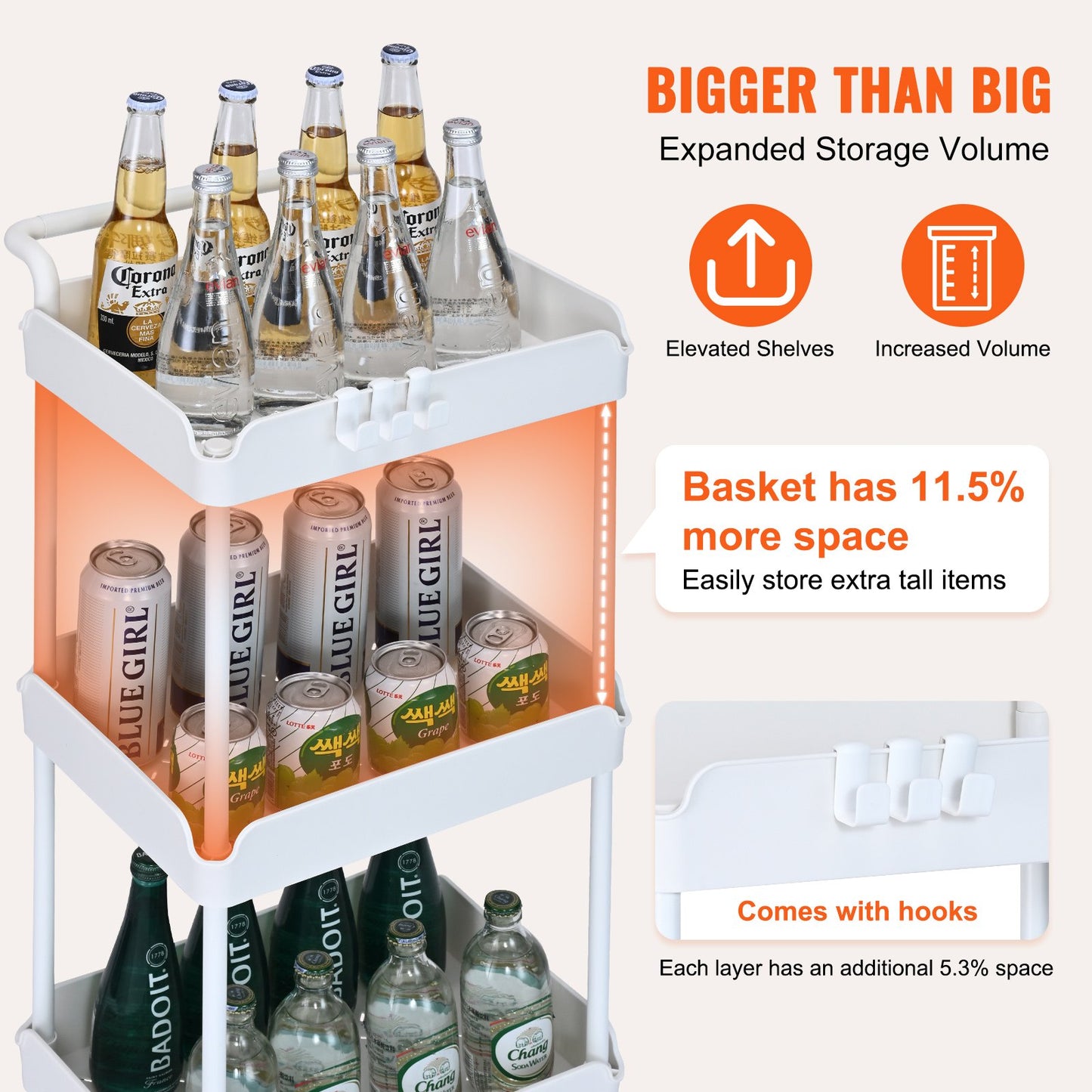 3-Tier Rolling Utility Cart, Kitchen Cart with Lockable Wheels, Multifunctional Storage Cart with Handle for Office, Living Room, Kitchen, Removable Shelves for Storage Basket, White