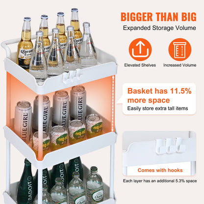 3-Tier Rolling Utility Cart, Kitchen Cart with Lockable Wheels, Multifunctional Storage Cart with Handle for Office, Living Room, Kitchen, Removable Shelves for Storage Basket, White