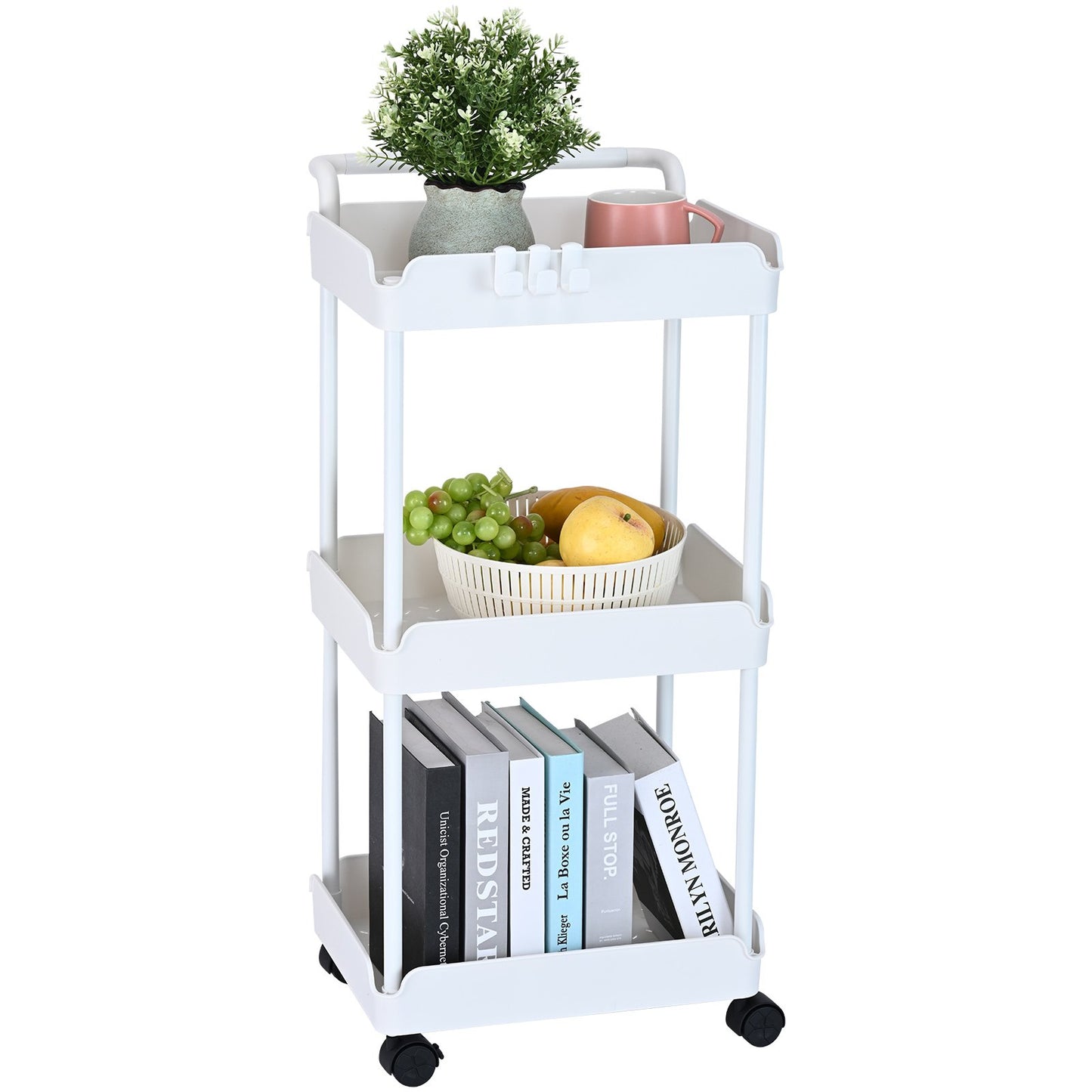 3-Tier Rolling Utility Cart, Kitchen Cart with Lockable Wheels, Multifunctional Storage Cart with Handle for Office, Living Room, Kitchen, Removable Shelves for Storage Basket, White