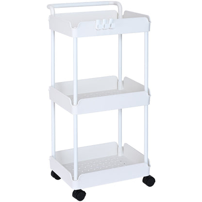 3-Tier Rolling Utility Cart, Kitchen Cart with Lockable Wheels, Multifunctional Storage Cart with Handle for Office, Living Room, Kitchen, Removable Shelves for Storage Basket, White