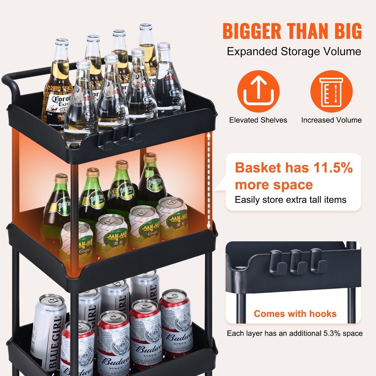 4-Tier Rolling Tool Cart, Kitchen Cart with Lockable Wheels, Multifunctional Storage Cart with Handle for Office, Living Room, Kitchen, Movable Storage Basket Shelves, Black