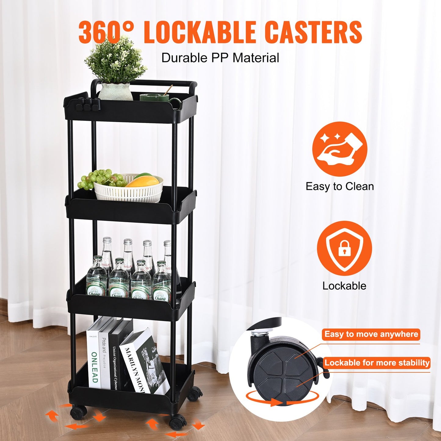 4-Tier Rolling Tool Cart, Kitchen Cart with Lockable Wheels, Multifunctional Storage Cart with Handle for Office, Living Room, Kitchen, Movable Storage Basket Shelves, Black