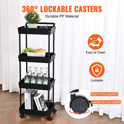 4-Tier Rolling Tool Cart, Kitchen Cart with Lockable Wheels, Multifunctional Storage Cart with Handle for Office, Living Room, Kitchen, Movable Storage Basket Shelves, Black