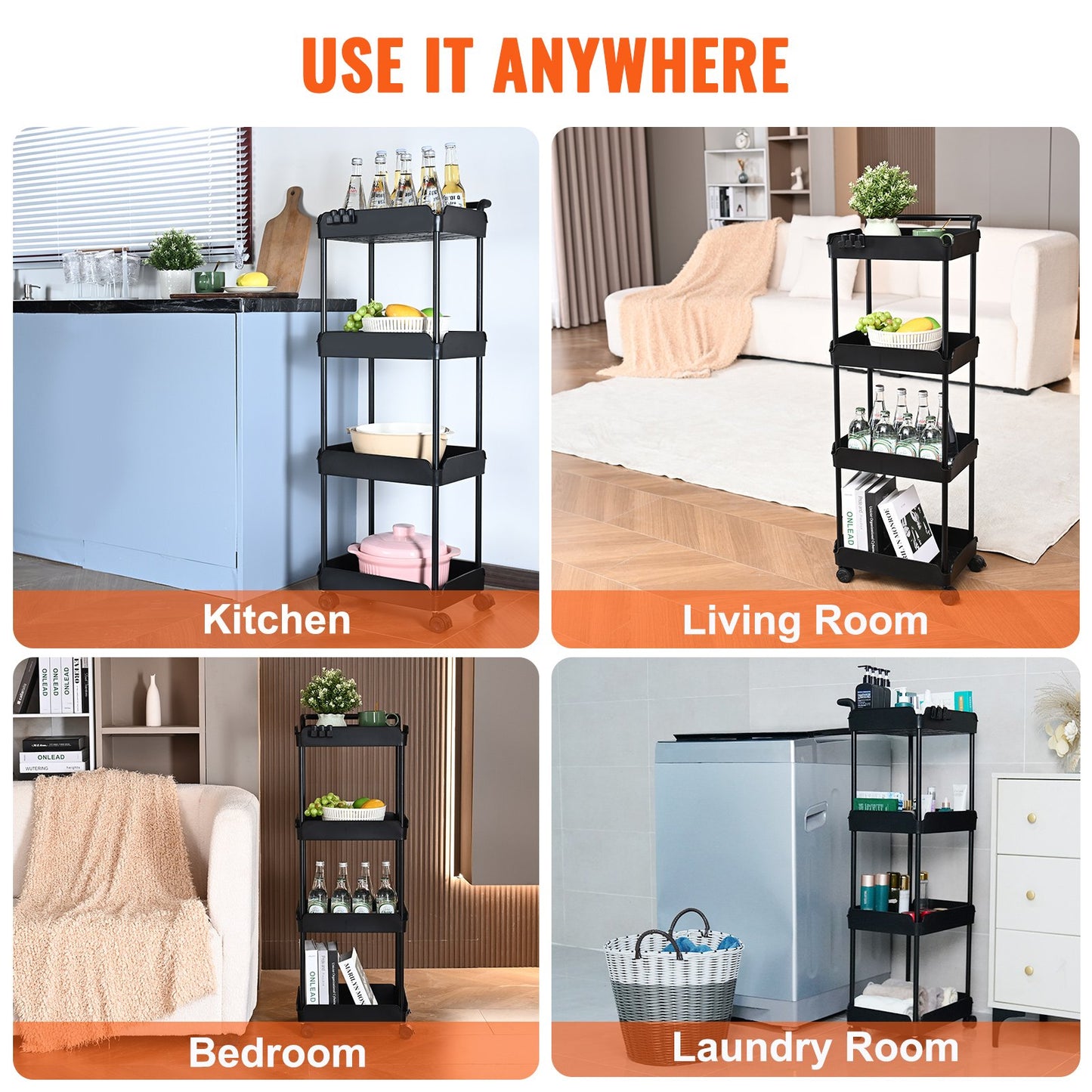 4-Tier Rolling Tool Cart, Kitchen Cart with Lockable Wheels, Multifunctional Storage Cart with Handle for Office, Living Room, Kitchen, Movable Storage Basket Shelves, Black