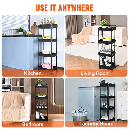 4-Tier Rolling Tool Cart, Kitchen Cart with Lockable Wheels, Multifunctional Storage Cart with Handle for Office, Living Room, Kitchen, Movable Storage Basket Shelves, Black