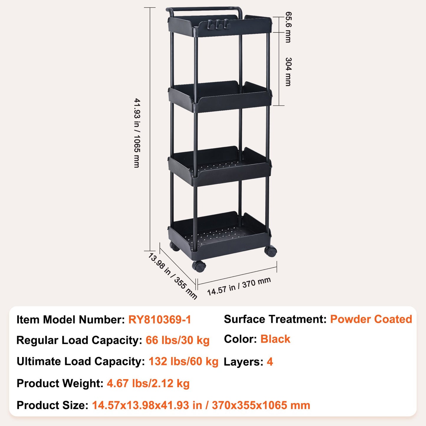 4-Tier Rolling Tool Cart, Kitchen Cart with Lockable Wheels, Multifunctional Storage Cart with Handle for Office, Living Room, Kitchen, Movable Storage Basket Shelves, Black