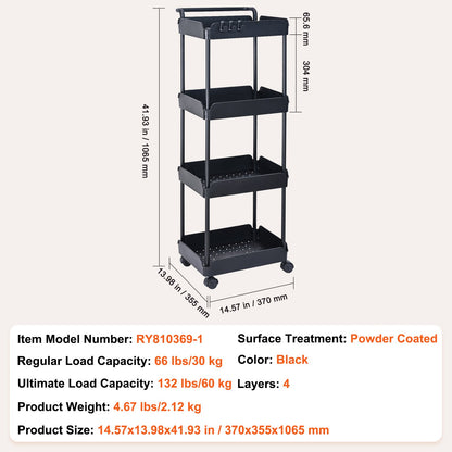 4-Tier Rolling Tool Cart, Kitchen Cart with Lockable Wheels, Multifunctional Storage Cart with Handle for Office, Living Room, Kitchen, Movable Storage Basket Shelves, Black