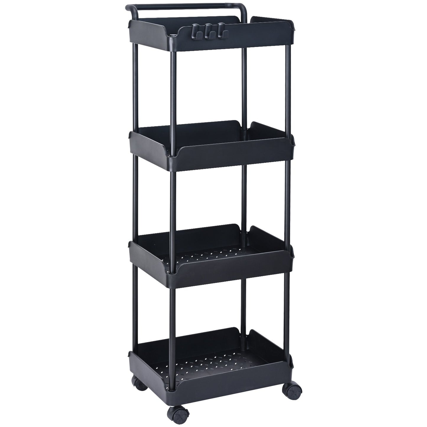 4-Tier Rolling Tool Cart, Kitchen Cart with Lockable Wheels, Multifunctional Storage Cart with Handle for Office, Living Room, Kitchen, Movable Storage Basket Shelves, Black
