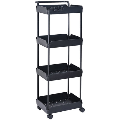 4-Tier Rolling Tool Cart, Kitchen Cart with Lockable Wheels, Multifunctional Storage Cart with Handle for Office, Living Room, Kitchen, Movable Storage Basket Shelves, Black