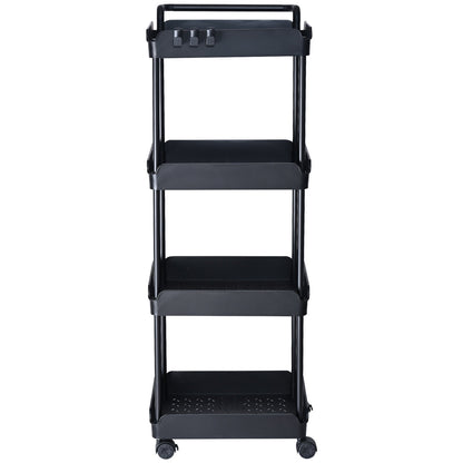 4-Tier Rolling Tool Cart, Kitchen Cart with Lockable Wheels, Multifunctional Storage Cart with Handle for Office, Living Room, Kitchen, Movable Storage Basket Shelves, Black