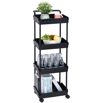 4-Tier Rolling Tool Cart, Kitchen Cart with Lockable Wheels, Multifunctional Storage Cart with Handle for Office, Living Room, Kitchen, Movable Storage Basket Shelves, Black