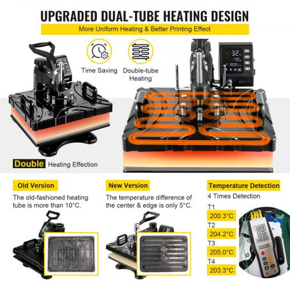 Wärmepresse 12 x 15 Zoll, 6-in-1-Wärmepresse, 1000 W, wegschwenkbar, schwarzer Sublimationsdrucker, Transfermaschine, T-Shirt-Presse mit Doppelrohrheizung, präziser Kontrollbildschirm für DIY-Schuhe, Kappen, Tassen | EU