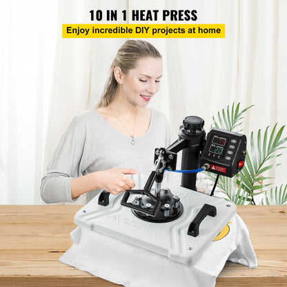 Heat Press 12X15 Inch 10 In 1 Heat Press 1000W Heat Press Machine med 360° rotation Swing Away White Heat Press T-shirt sublimeringsmaskin Dubbelrörsuppvärmning för DIY-pennor Kepsar Muggar och skjortor