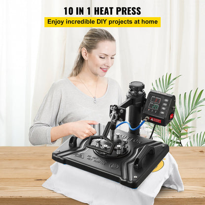 Heat Press 12X15 Inch 10 In 1 Heat Press 1000W Heat Press Machine med 360° Rotation Swing Away Svart 10 I 1 T-shirt sublimeringsmaskin Dubbelrörsvärme för DIY Pens Kepsar Muggar och skjortor