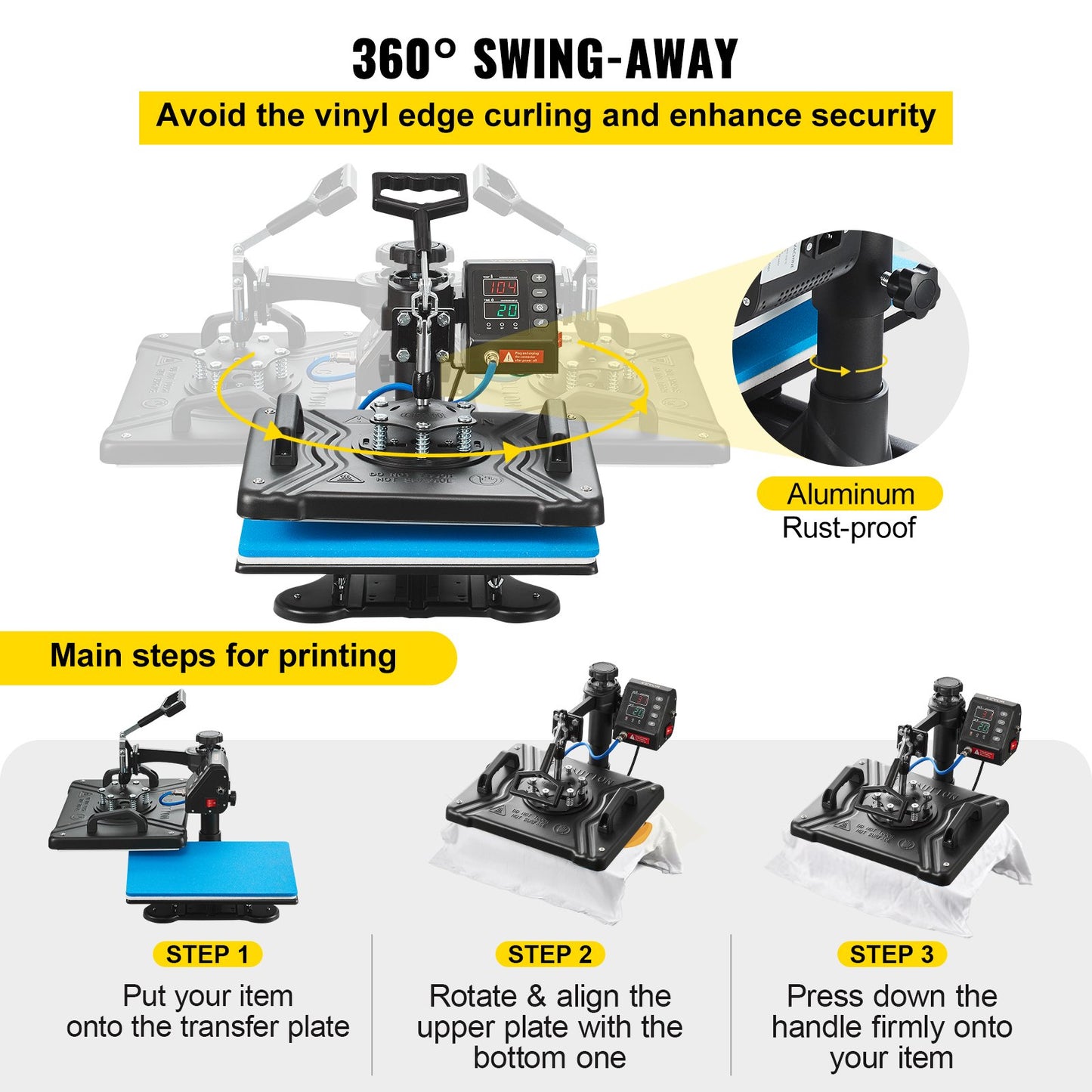 Heat Press 12X15 Inch 10 In 1 Heat Press 1000W Heat Press Machine med 360° Rotation Swing Away Svart 10 I 1 T-shirt sublimeringsmaskin Dubbelrörsvärme för DIY Pens Kepsar Muggar och skjortor