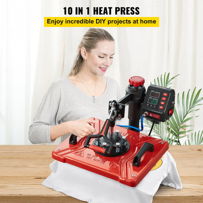 Heat Press 12X15 Inch 10 In 1 Heat Press 1000W Heat Press Machine med 360° rotation Swing Away Red Heat Press T-shirt sublimeringsmaskin Dubbelrörsuppvärmning för DIY-pennor Kepsar Muggar och skjortor