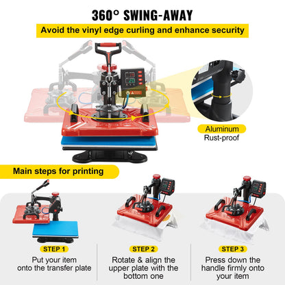 Heat Press 12X15 Inch 10 In 1 Heat Press 1000W Heat Press Machine med 360° rotation Swing Away Red Heat Press T-shirt sublimeringsmaskin Dubbelrörsuppvärmning för DIY-pennor Kepsar Muggar och skjortor