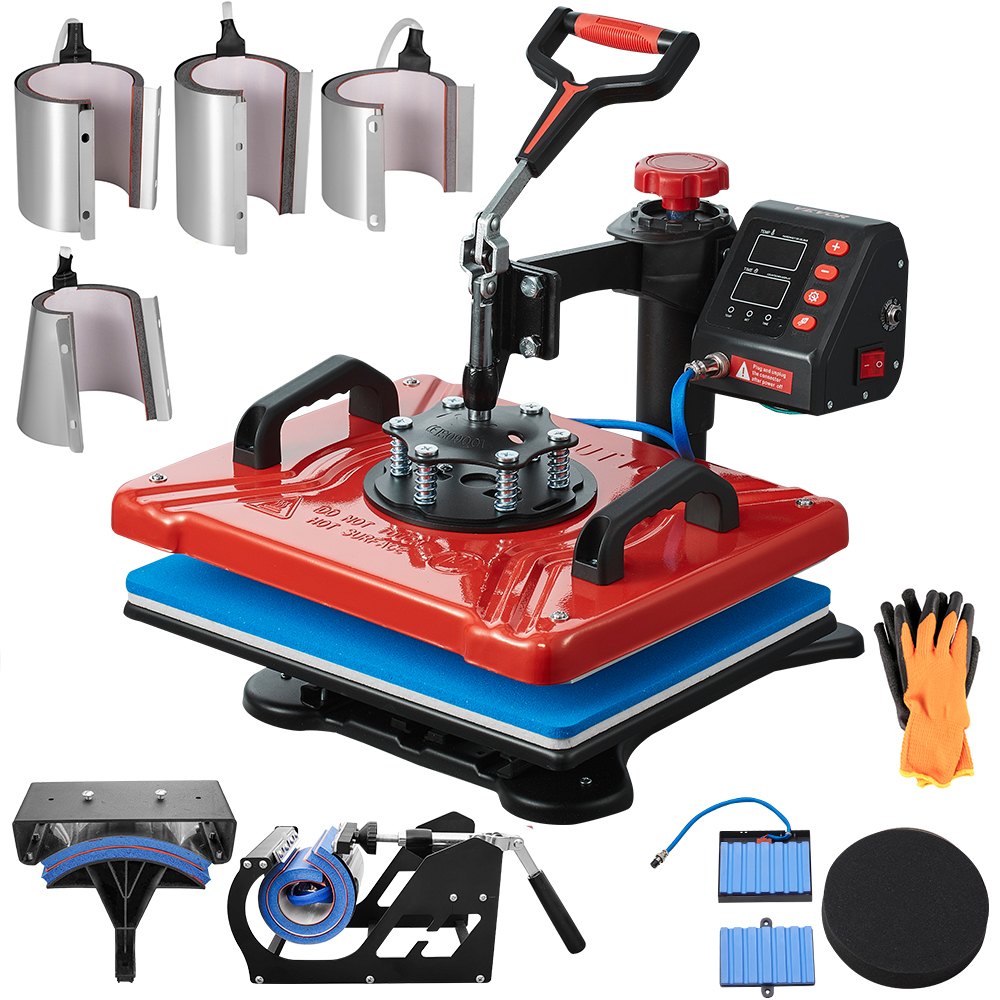 Heat Press 12X15 Inch 10 In 1 Heat Press 1000W Heat Press Machine med 360° rotation Swing Away Red Heat Press T-shirt sublimeringsmaskin Dubbelrörsuppvärmning för DIY-pennor Kepsar Muggar och skjortor