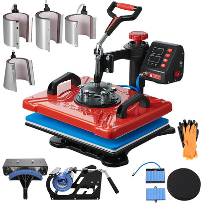Heat Press 12X15 Inch 10 In 1 Heat Press 1000W Heat Press Machine med 360° rotation Swing Away Red Heat Press T-shirt sublimeringsmaskin Dubbelrörsuppvärmning för DIY-pennor Kepsar Muggar och skjortor