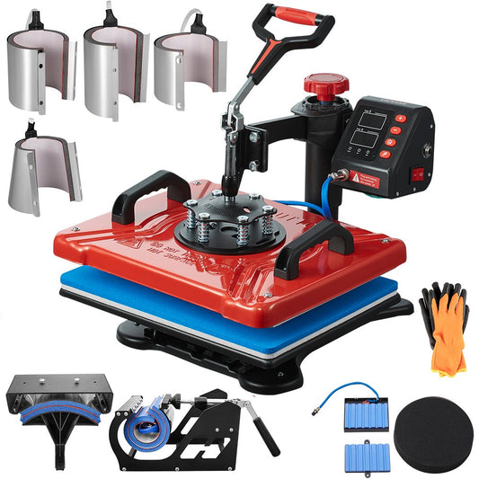Heat Press 12X15 Inch 10 In 1 Heat Press 1000W Heat Press Machine med 360° rotation Swing Away Red Heat Press T-shirt sublimeringsmaskin Dubbelrörsuppvärmning för DIY-pennor Kepsar Muggar och skjortor
