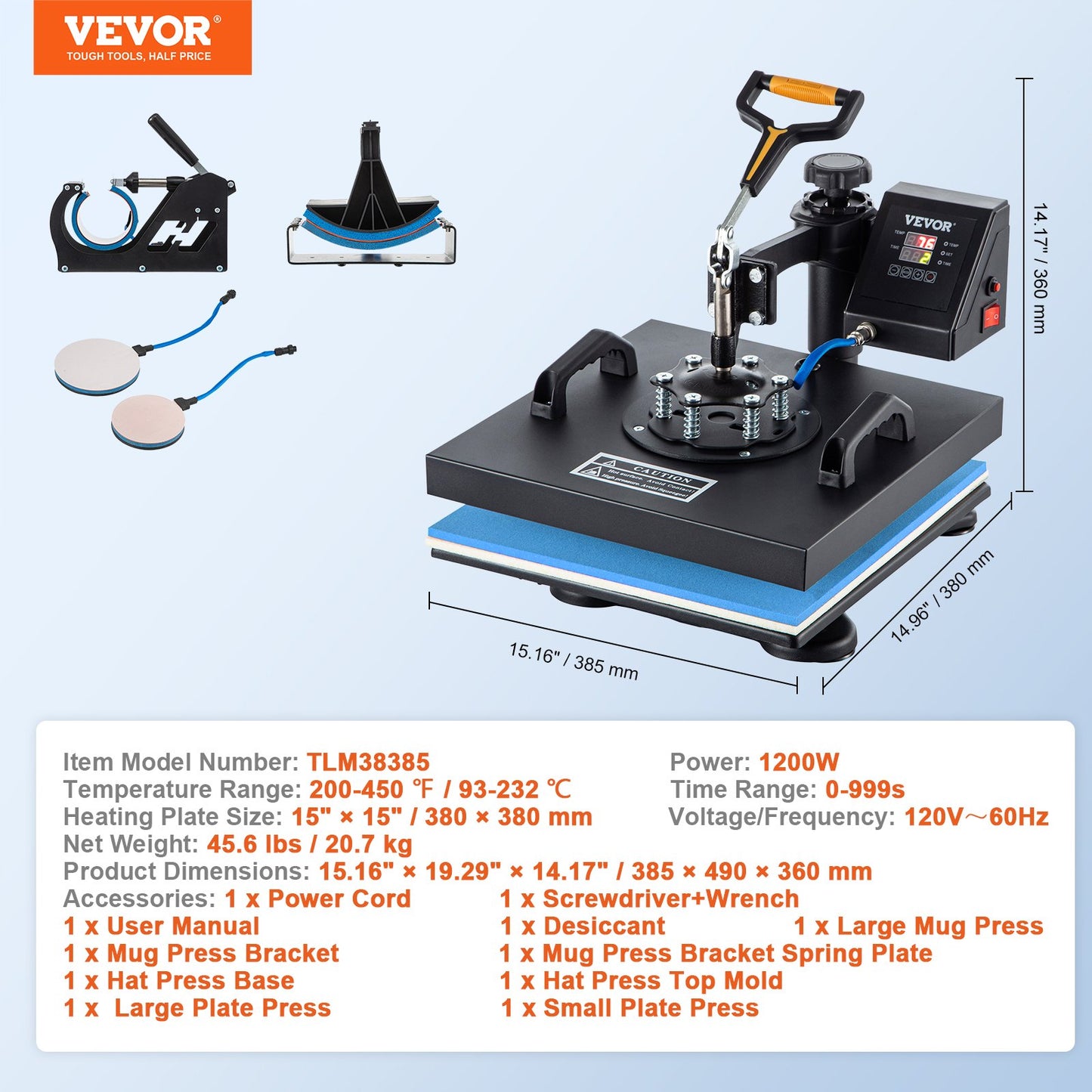 Heat Press, 5 in 1 15 x 15 Inch Heat Press Machine, Dual LED Display Heat Press Machine, Multifunctional Sublimation, for T-Shirts, Swing Away Design