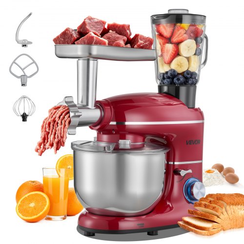 Stand Mixer, 6 QT Electric Kitchen Mixer, 660W Dough-Mixer, 6+P Speeds Tilt-head Food-Mixer with 1.6 QT Blender Cup, Stainless Steel Bowl, Dough Hook, Whisk, Beater, for Baking, Mixing, Red