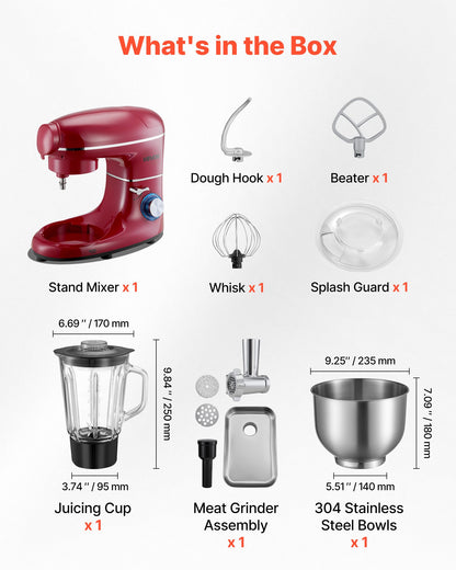 Stand Mixer, 6 QT Electric Kitchen Mixer, 660W Dough-Mixer, 6+P Speeds Tilt-head Food-Mixer with 1.6 QT Blender Cup, Stainless Steel Bowl, Dough Hook, Whisk, Beater, for Baking, Mixing, Red