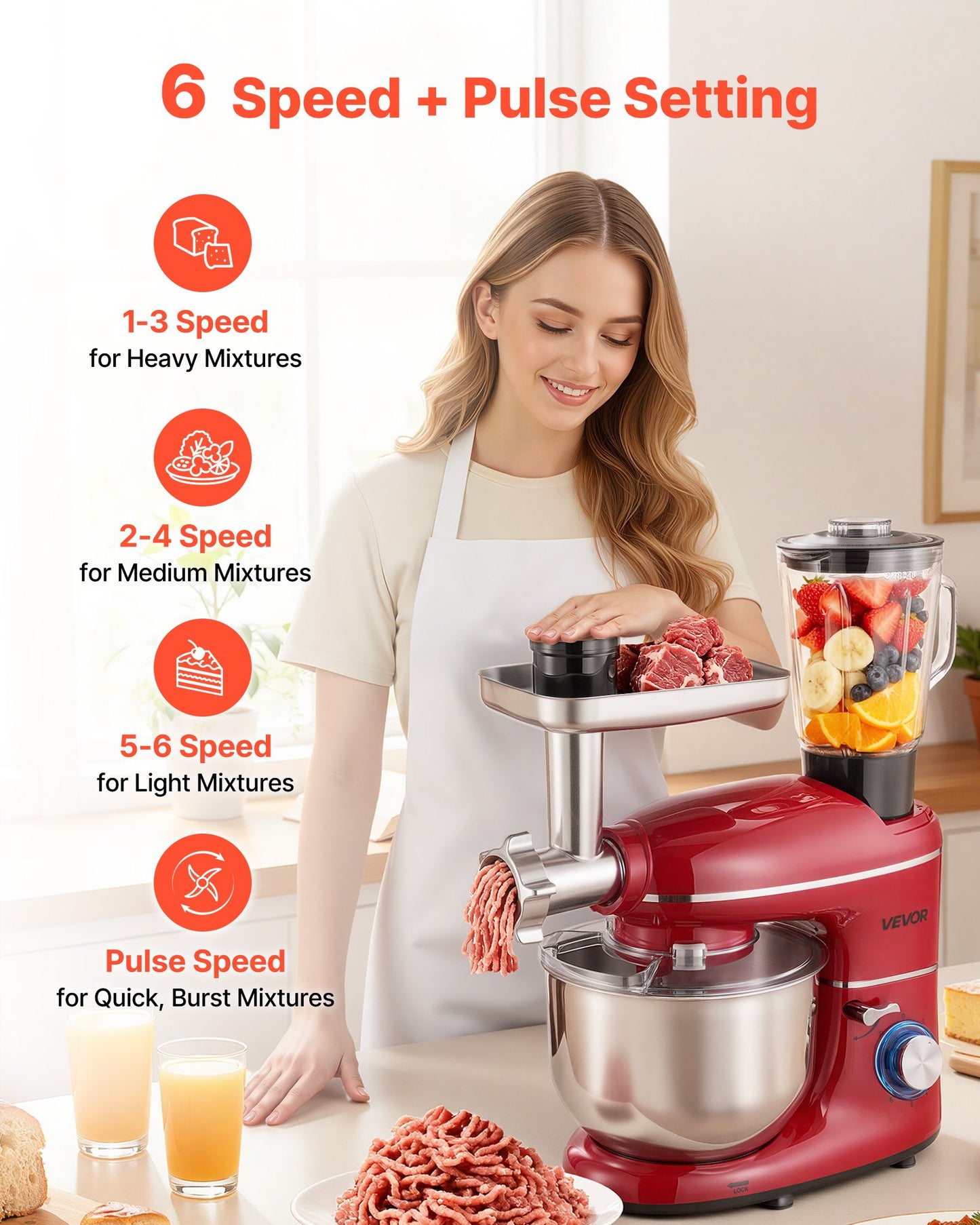 Stand Mixer, 6 QT Electric Kitchen Mixer, 660W Dough-Mixer, 6+P Speeds Tilt-head Food-Mixer with 1.6 QT Blender Cup, Stainless Steel Bowl, Dough Hook, Whisk, Beater, for Baking, Mixing, Red