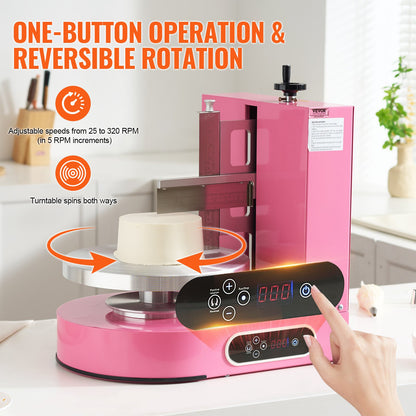 Cake Decorating Machine, Cake Cream Spreading Coating Smearing Machine, Low Noise Cake Frosting Machine, Turntable with Adjustable Scraper, for 4" to 12" Cake, 25-320RPM Rotating Speed, Pink
