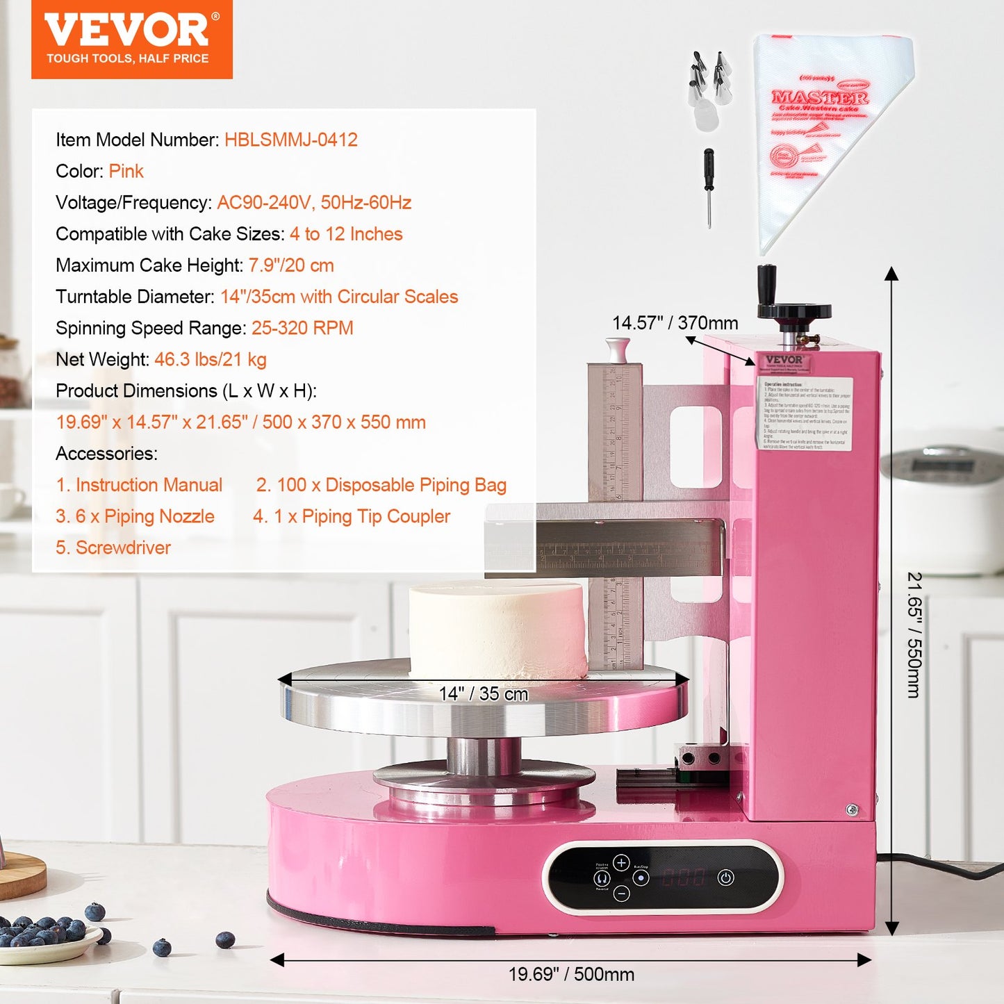 Cake Decorating Machine, Cake Cream Spreading Coating Smearing Machine, Low Noise Cake Frosting Machine, Turntable with Adjustable Scraper, for 4" to 12" Cake, 25-320RPM Rotating Speed, Pink