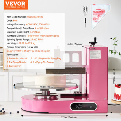 Cake Decorating Machine, Cake Cream Spreading Coating Smearing Machine, Low Noise Cake Frosting Machine, Turntable with Adjustable Scraper, for 4" to 16" Cake, 25-320RPM Rotating Speed, Pink