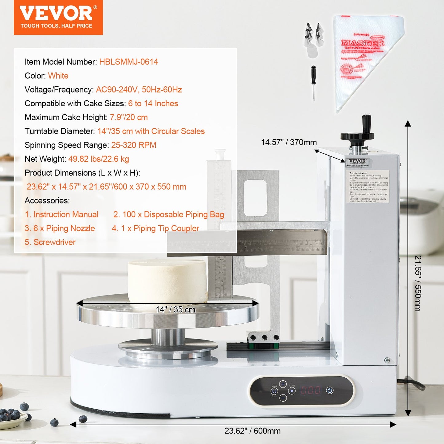 Cake Decorating Machine, Cake Cream Spreading Coating Smearing Machine, Low Noise Cake Frosting Machine, Turntable with Adjustable Scraper, for 6" to 14" Cake, 25-320RPM Rotating Speed, White