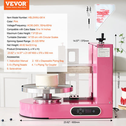 Cake Decorating Machine, Cake Cream Spreading Coating Smearing Machine, Low Noise Cake Frosting Machine, Turntable with Adjustable Scraper, for 6" to 14" Cake, 25-320RPM Rotating Speed, Pink