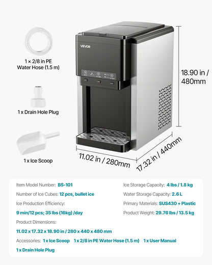 Water Dispenser with Ice Maker, 3-in-1 Countertop Water Dispenser, 35 LBS/24H, 12 Cubes/7 Min Fast Ice Making with 4 LBS Storage, Bullet/Crushed Ices & Cold-Water, for Home, Kitchen, Party