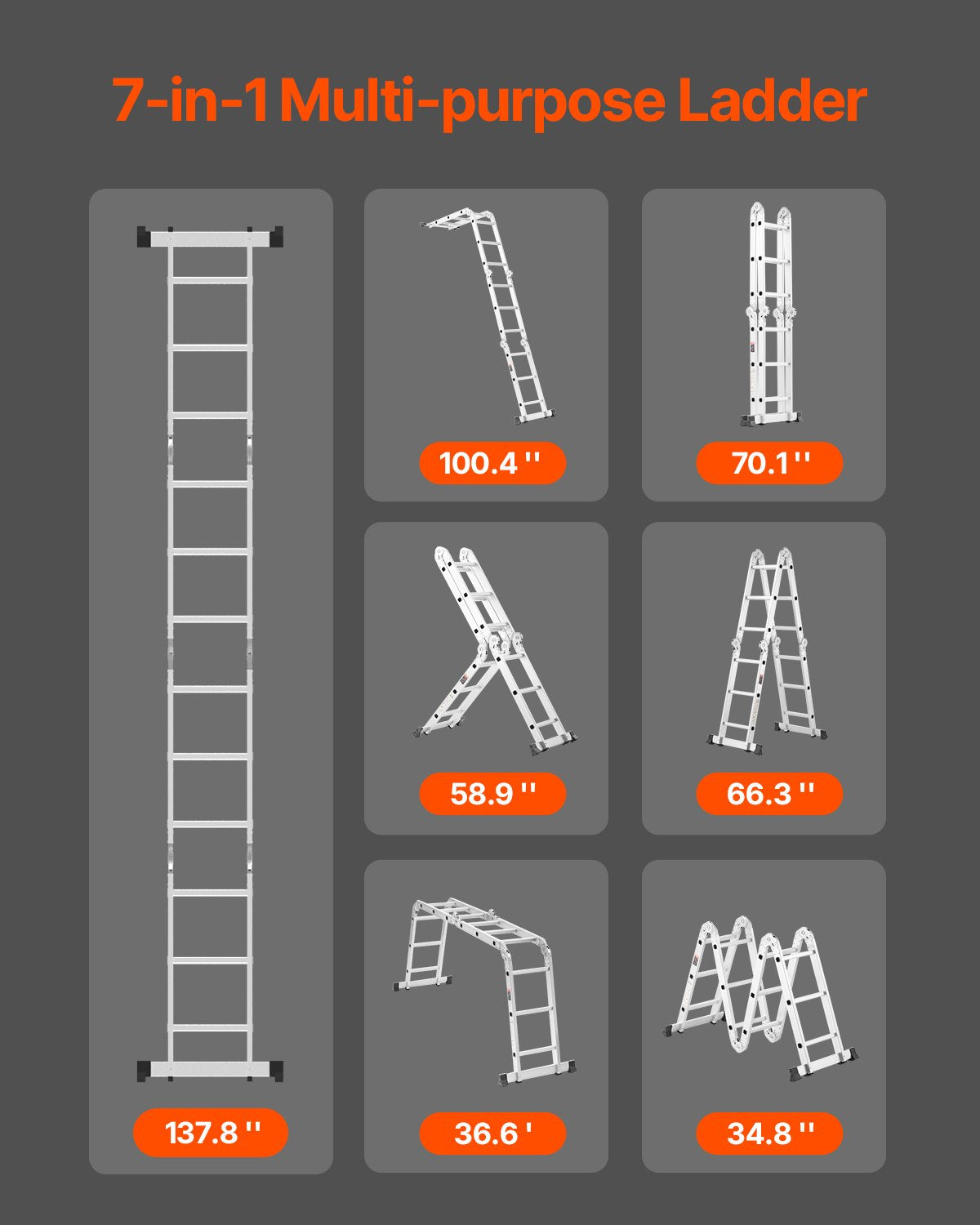 Multi-Purpose Folding Ladder 7-in-1 3 Steps 12ft Reach Height for Work