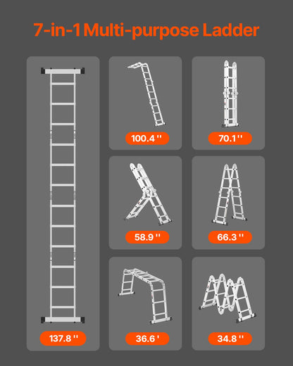 Multi-Purpose Folding Ladder 7-in-1 3 Steps 12ft Reach Height for Work