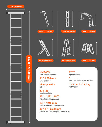 Multi-Purpose Folding Ladder 7-in-1 3 Steps 12ft Reach Height for Work